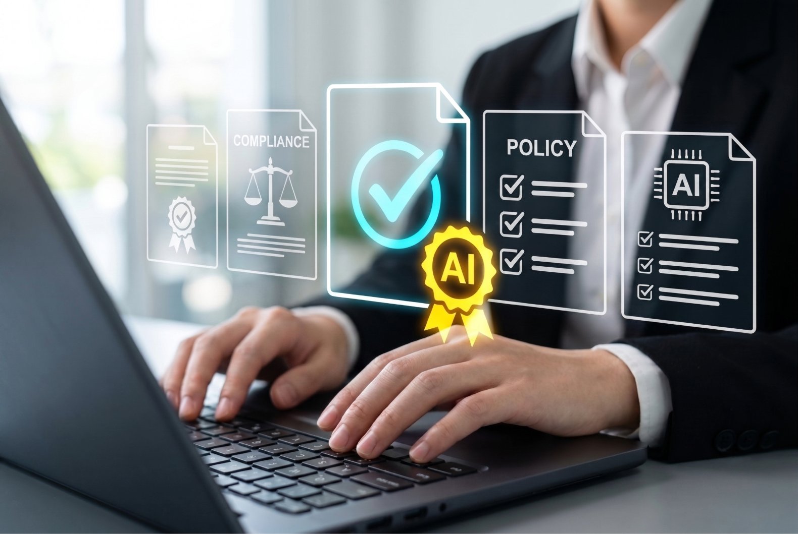 Person typing on laptop with AI policy compliance document icons