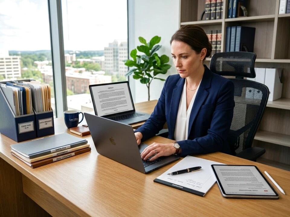 Paralegal reviewing client files on a laptop in a law office
