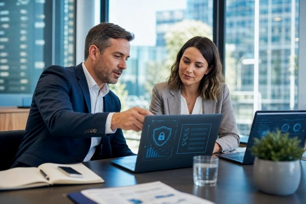 Law firm leaders reviewing security settings on a laptop